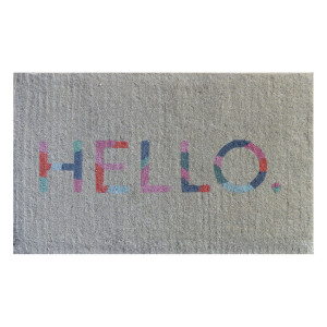 Mushroom grey-beige coir doormat printed with HELLO in colourful capital letters